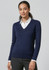 A women's navy V-neck knitted pullover worn over a white collared shirt, featuring a fitted design and long sleeves.