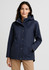 A navy women's comfort jacket with a hood, featuring a front button closure and side pockets.