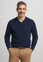 A knitted navy men's jumper with a V-neck design. The model is smiling and has his hands in his pockets.