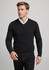 A black knitted jumper featuring a V-neck design, worn over a white shirt by a model.