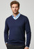 A navy men's pullover sweater with a V-neck design, worn over a light blue collared shirt. Features a logo.