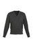 A dark grey men's woolmix knit pullover with a V-neck and long sleeves. It features a logo on the garment.