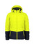 A bright yellow and navy unisex hooded puffer jacket with a zip front and pocket on the arm.