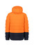 An orange hooded puffer jacket with navy accents and a side pocket. The back view highlights the puffer design.