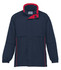 A navy and red rain jacket featuring a zippered front and a logo on the chest.