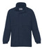 A navy blue rain jacket with a collar, long sleeves, and a logo on the front. Features two front pockets.