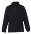 A black polar fleece pullover featuring a quarter zip and a stand-up collar. It has a logo on it.