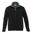 A black soft shell jacket for men with a zip closure and contrasting grey trim. Features a collar and has a logo.