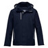 A navy soft shell jacket featuring a hood, front zippers, and reflective detailing, with branding on the inside.