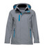 A soft shell jacket in grey with blue accents, featuring a hood and zippered pockets. Includes a logo.