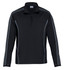 A black pullover jacket with a quarter zip and grey stripe details, featuring a logo on the chest.