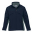 A navy and grey soft shell jacket featuring a zip front, a high collar, and side pockets. It includes a logo on the chest.