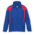 A blue jacket featuring red accents and a logo on the chest. It has a zip closure and a collar.