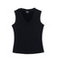 A black women's vest with a V-neck design, featuring sleeveless styling and a fitted silhouette.