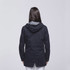 A navy twill jacket featuring a hood and grey lining, seen from the back. Includes a logo.