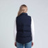 A navy puffa vest viewed from the back, featuring a sleeveless design and a simple silhouette.
