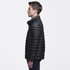 A puffer jacket in black, with a quilted design, featuring a high collar and a side view of a male model wearing it.