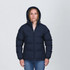 A navy blue puffa jacket with a hood, featuring zippered pockets and a branding logo.