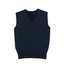 A navy blue, Merino wool fully fashioned vest with a V-neck design and sleeveless style. It features a logo.