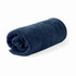 A rolled bath towel in dark navy blue, made from organic cotton, featuring a branding logo.