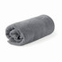 A rolled bath towel in soft grey organic cotton, featuring a simple design and a branding logo.