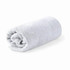 A rolled towel in light grey made of organic cotton. The product features a soft, plush texture and has a logo.