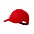 A red cap with a curved brim and an adjustable strap at the back, featuring a logo.