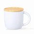 A ceramic mug in white with a bamboo lid, featuring a simple design and a handle.