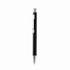 A black pen in recycled aluminium with a silver clip and tip, featuring a logo.