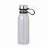 A drink bottle made of RPET, featuring a clear body and a silver metal lid with a black attachment ring.