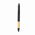 A black and bamboo 3 in 1 stylus touch ball pen with a logo on the side.