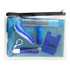 A transparent pouch containing various blue personal care items, including a nail file, bottle, and a small tool with a logo.