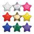 A collection of star-shaped magnets in white, silver, pink, red, gold, yellow, green, and purple.