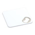 A drink bottle opener coaster in white featuring a metallic bottle opener cutout. It includes a logo.