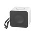 A square blue tooth speaker in white with a black speaker grille, featuring a carrying strap.