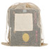 A cream mesh produce bag with a drawstring closure, featuring an empty square patch for customisation.