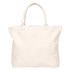 A plain off-white reusable grocery bag with sturdy handles and no gusset, featuring a logo.