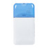 A correction tape dispenser in white with a blue cap, featuring a logo on its surface.
