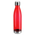 A drink bottle in bright red with a stainless steel lid and base, featuring a sleek, modern design and a logo.