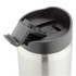 A drink bottle with a stainless steel body and a black flip-top lid. It features a logo on the side.