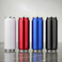 A drink bottle set featuring four metallic bottles in white, red, blue, and black, each with a silver lid.