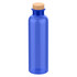 A blue drink bottle with a cork stopper and a smooth, transparent design. It features a logo on the surface.