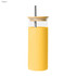 A drink bottle featuring a yellow sleeve, a bamboo lid, and a metal straw. It has a logo on the side.