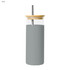 A drink bottle in grey with a bamboo lid and a stainless steel straw, featuring a sleek, modern design.