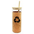 A drink bottle made of glass with a cork exterior and a bamboo lid, featuring a recycling symbol.