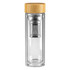 A drink bottle made of clear glass with a bamboo lid and a stainless steel infuser.