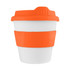 A drink bottle featuring a white body with an orange lid and sleeve, designed as a reusable coffee cup.