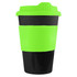 A reusable coffee cup with a bright green lid and sleeve, featuring a black body. It has a logo.