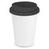 A reusable coffee cup in white with a black lid, featuring a logo. Suitable for hot beverages.