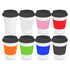 A collection of eight reusable coffee cups in white, pink, red, orange, green, blue, and black, featuring black lids and grips.